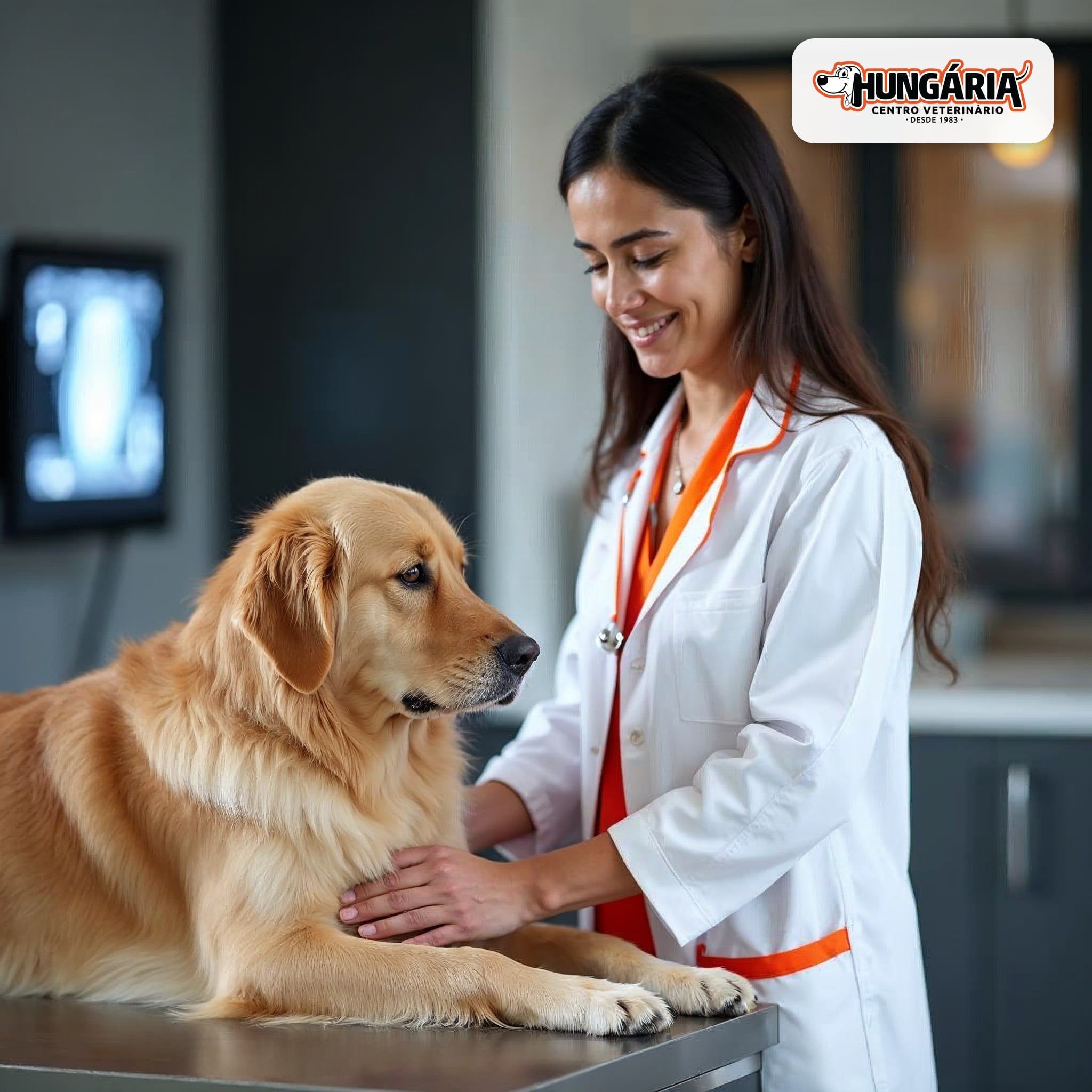 Veterinária examinando a pata de um golden retriever no Hospital Veterinário Hungária